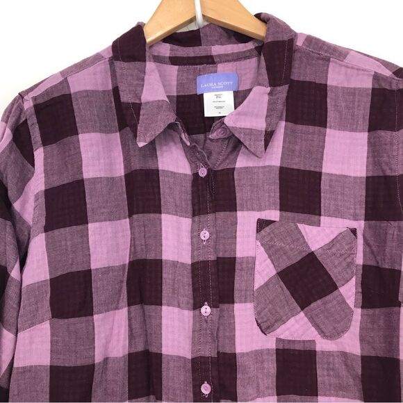 Laura Scott Purple Gingham Plaid Roll Tab Sleeve Button Up Shirt NEW - Picture 5 of 14
